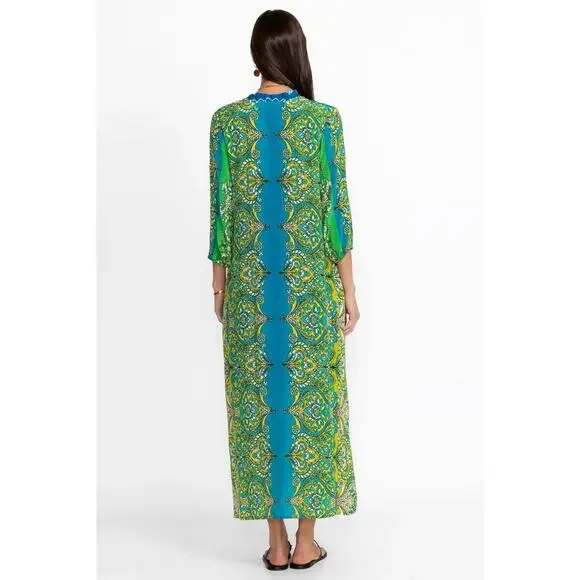 Johnny Was 100% Silk Kahinu Kaftan Boho Arstsy Maxi Dress Blue Green S NWT - Picture 5 of 10